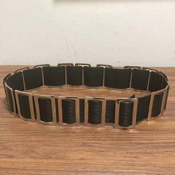 Thick Belt Made From Striated Black Rubber &  Silver Tone Metal Rectangles. - Picture 1 of 5